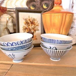 vintage Japanese rice bowl set of 6 mis-matched blue and white floral patterns